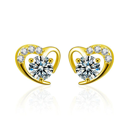Heart Halo Round Moissanite Stud Earrings with CZ in Gold-Plated S925 sterling silver white background product photo showing the pair, stone shape, and stud earrings silhouette