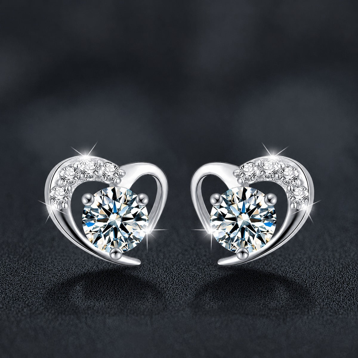 Heart Halo Round Moissanite Stud Earrings with CZ in Gold-Plated S925 sterling silver product scene view showing angled setting detail