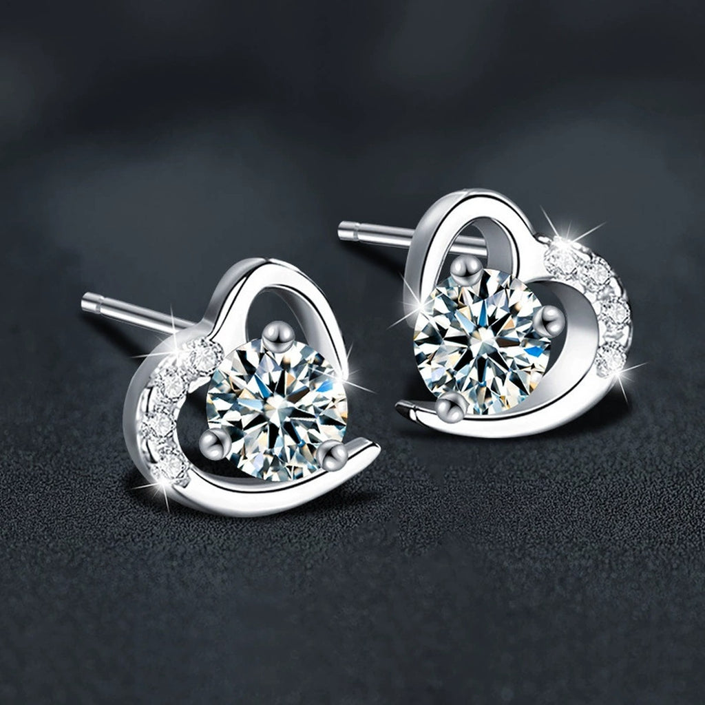 Heart Halo Round Moissanite Stud Earrings with CZ in Gold-Plated S925 sterling silver product scene view showing side profile