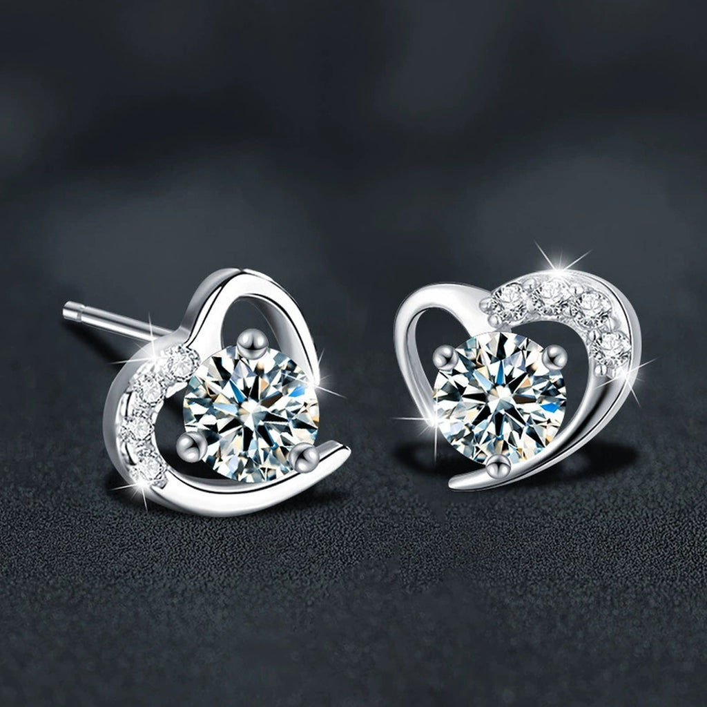 Heart Halo Round Moissanite Stud Earrings with CZ in Gold-Plated S925 sterling silver product scene view showing pair comparison