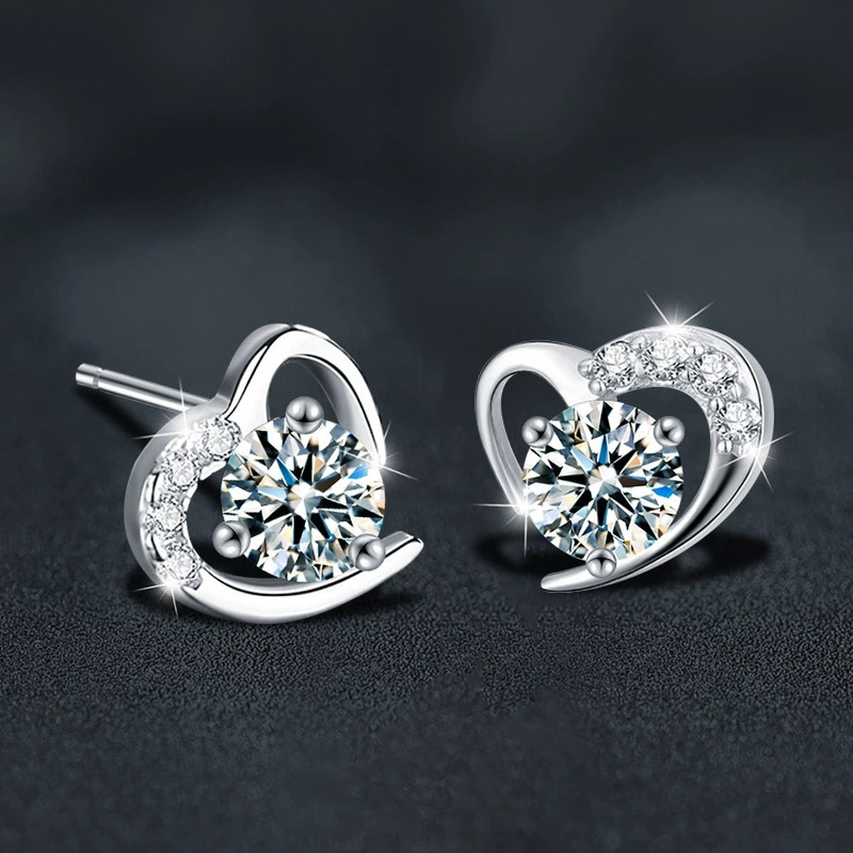 Heart Halo Round Moissanite Stud Earrings with CZ in Gold-Plated S925 sterling silver product scene view showing pair comparison