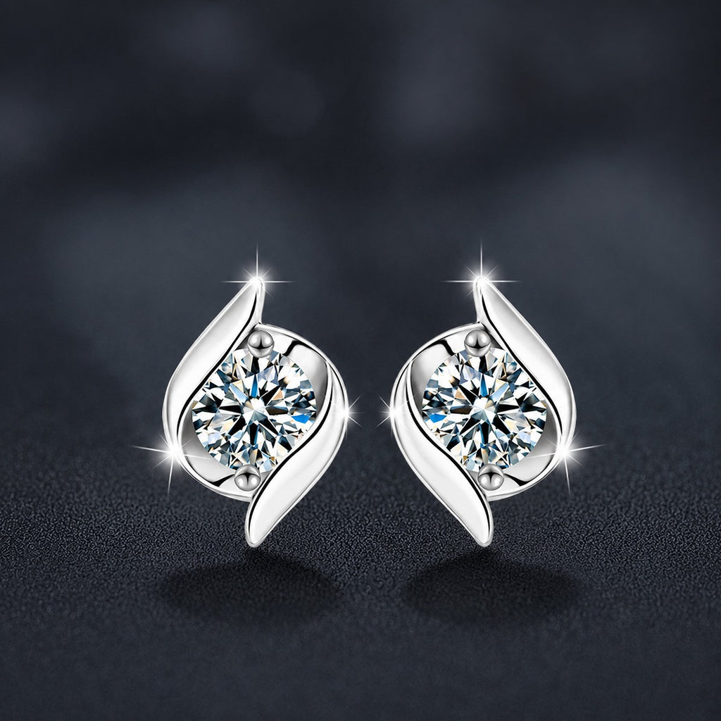 Pinwheel Round Moissanite Stud Earrings in Gold-Plated S925 sterling silver product scene view showing angled setting detail
