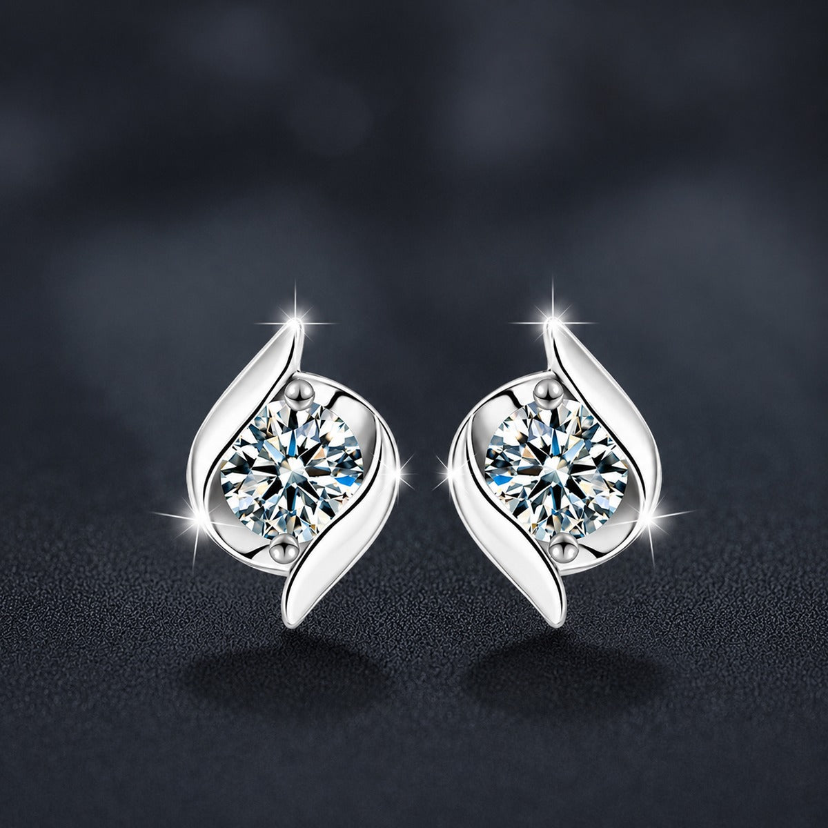 Pinwheel Round Moissanite Stud Earrings in Gold-Plated S925 sterling silver product scene view showing angled setting detail