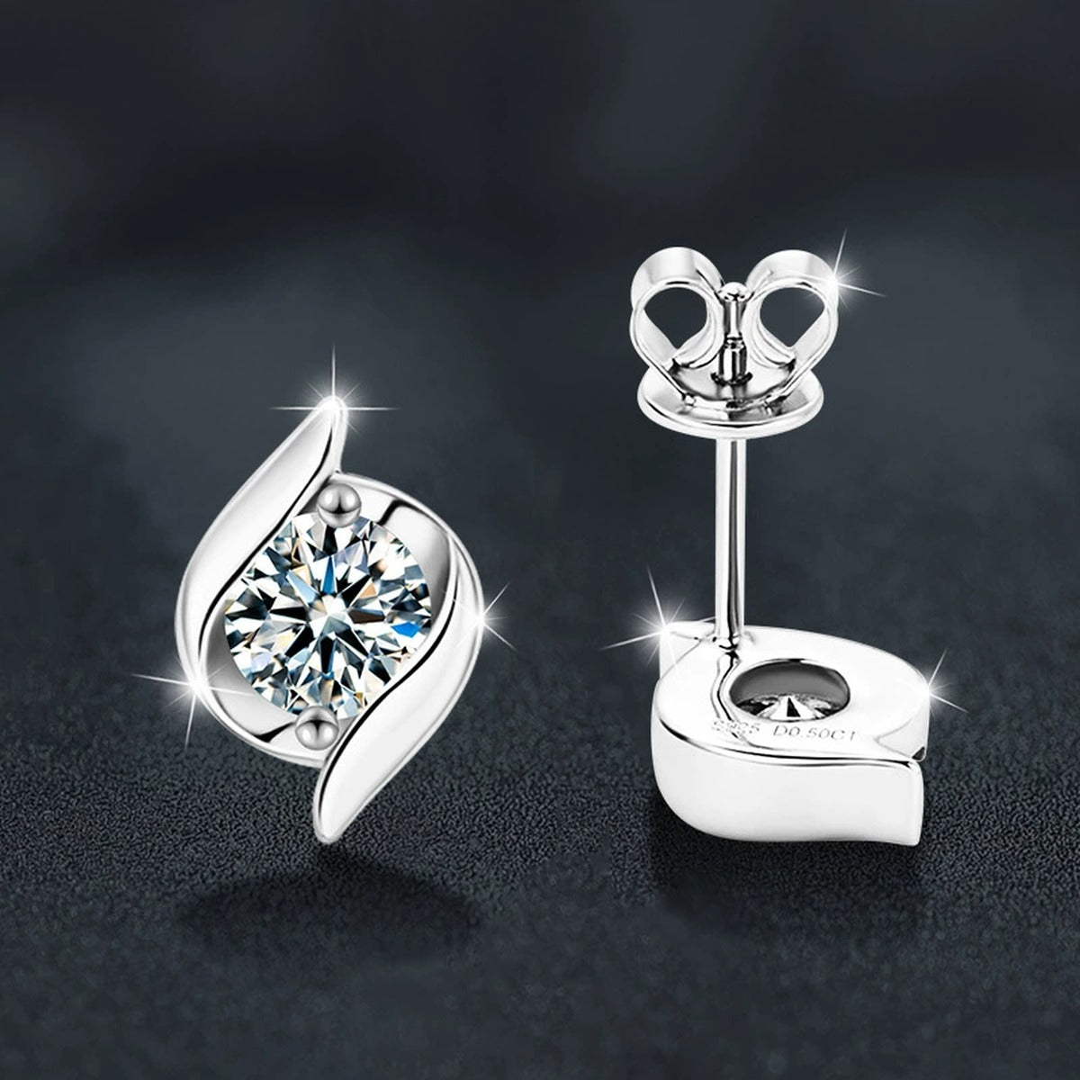 Pinwheel Round Moissanite Stud Earrings in Gold-Plated S925 sterling silver product scene view showing side profile