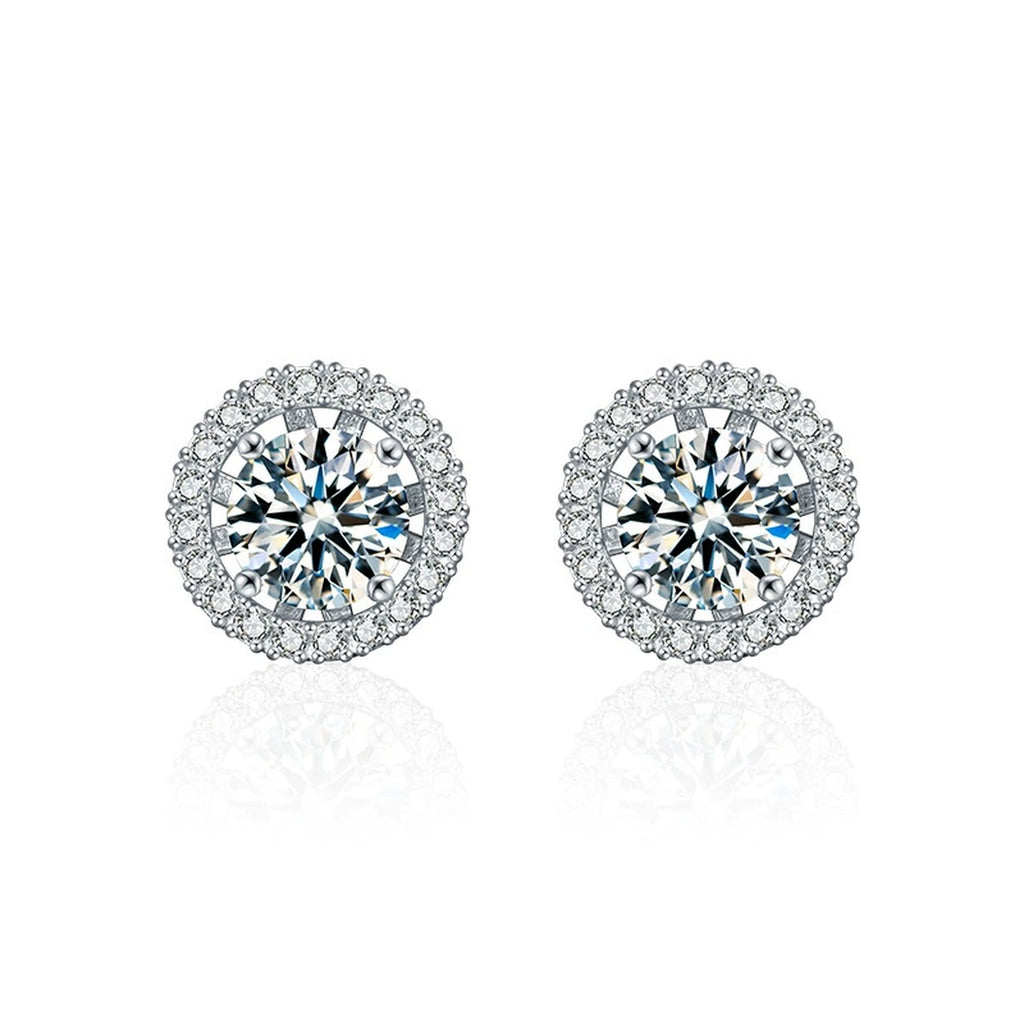 Detachable Halo Round Moissanite Stud Earrings with CZ in White Gold-Plated S925 sterling silver white background product photo showing the pair, stone shape, and jacket stud earrings silhouette