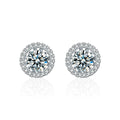 Detachable Halo Round Moissanite Stud Earrings with CZ in White Gold-Plated S925 sterling silver white background product photo showing the pair, stone shape, and jacket stud earrings silhouette