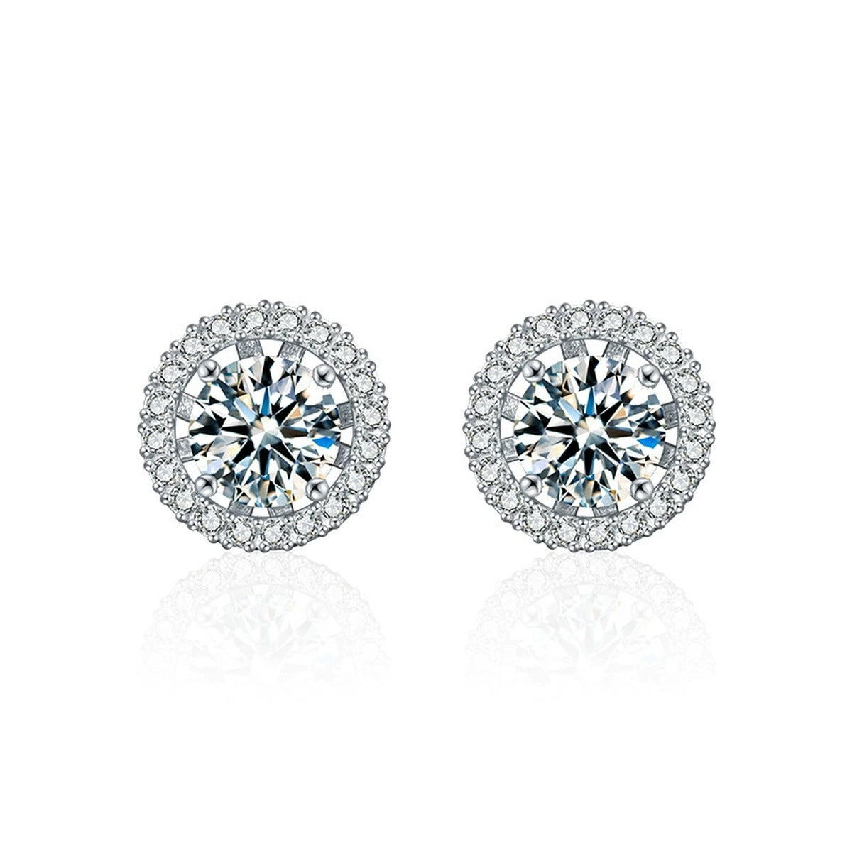 Detachable Halo Round Moissanite Stud Earrings with CZ in White Gold-Plated S925 sterling silver white background product photo showing the pair, stone shape, and jacket stud earrings silhouette