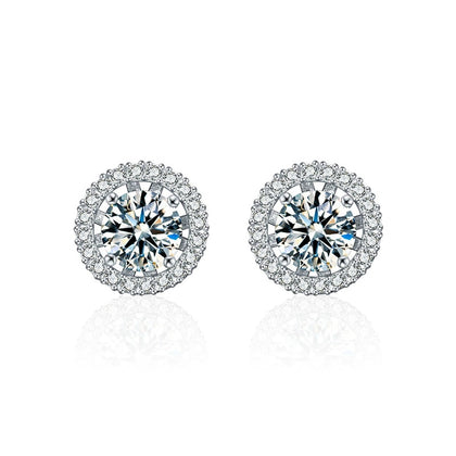 Detachable Halo Round Moissanite Stud Earrings with CZ in White Gold-Plated S925 sterling silver white background product photo showing the pair, stone shape, and jacket stud earrings silhouette