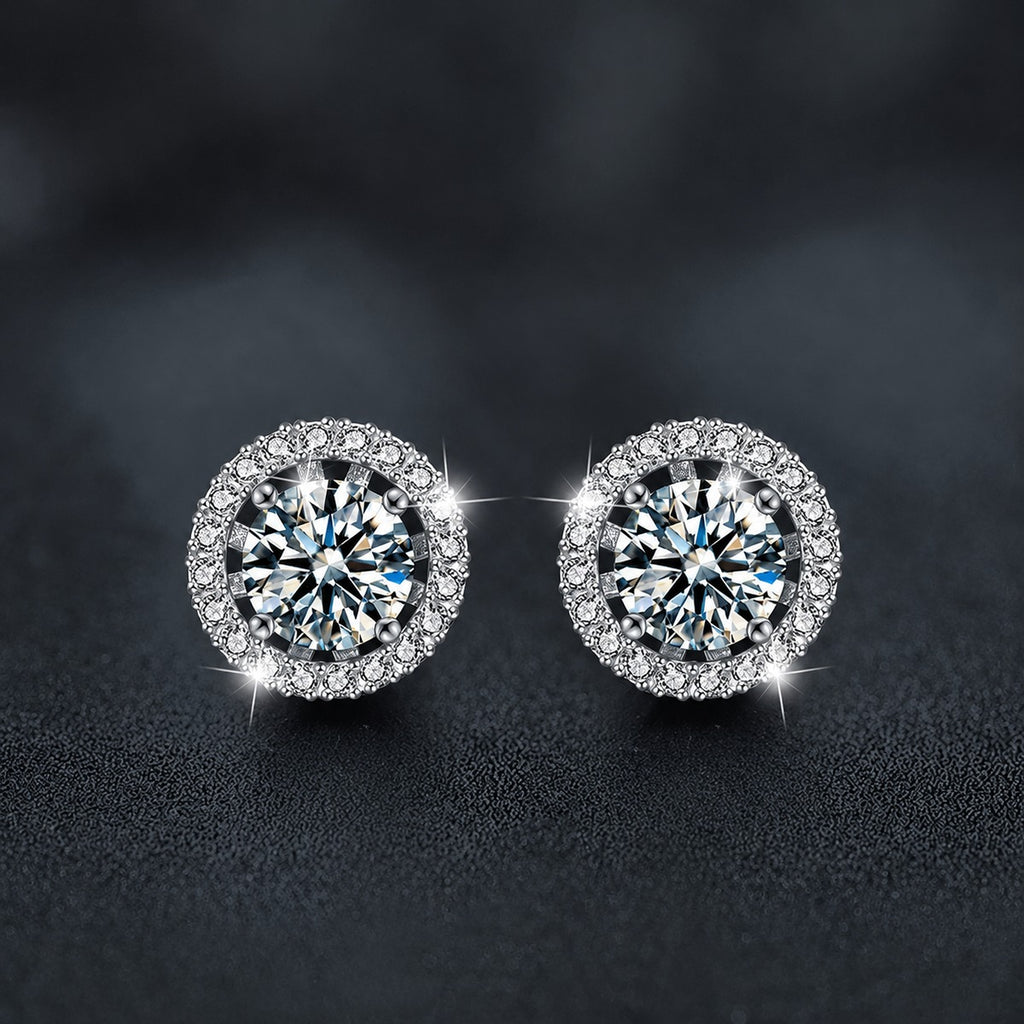Detachable Halo Round Moissanite Stud Earrings with CZ in White Gold-Plated S925 sterling silver product scene view showing front sparkle