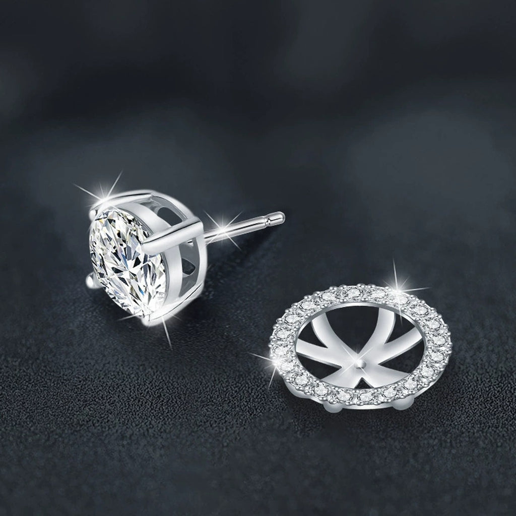 Detachable Halo Round Moissanite Stud Earrings with CZ in White Gold-Plated S925 sterling silver product scene view showing angled setting detail