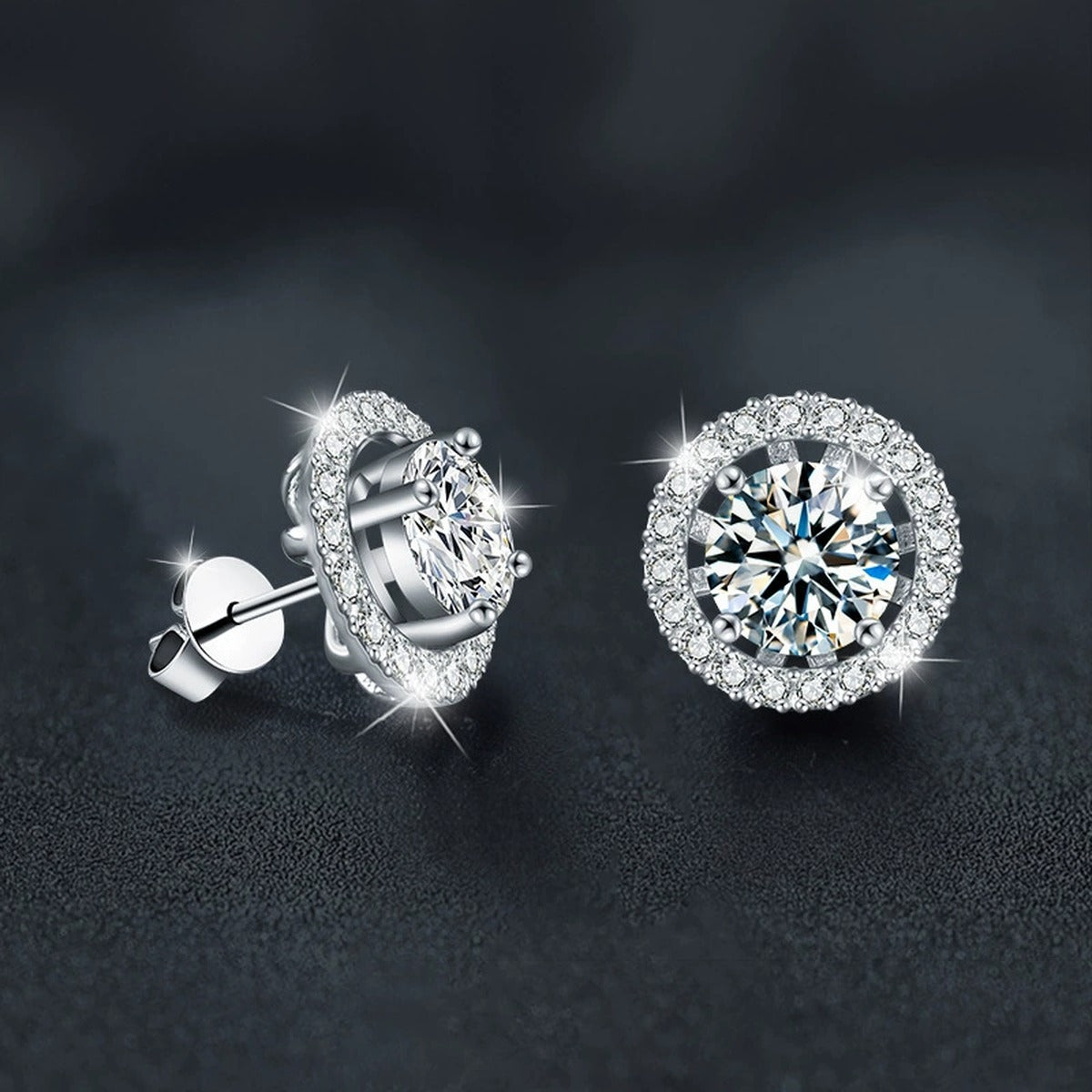 Detachable Halo Round Moissanite Stud Earrings with CZ in White Gold-Plated S925 sterling silver product scene view showing side profile