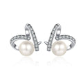 Heart Pearl Moissanite Stud Earrings in White Gold-Plated S925 sterling silver white background product photo showing the pair, stone shape, and stud earrings silhouette
