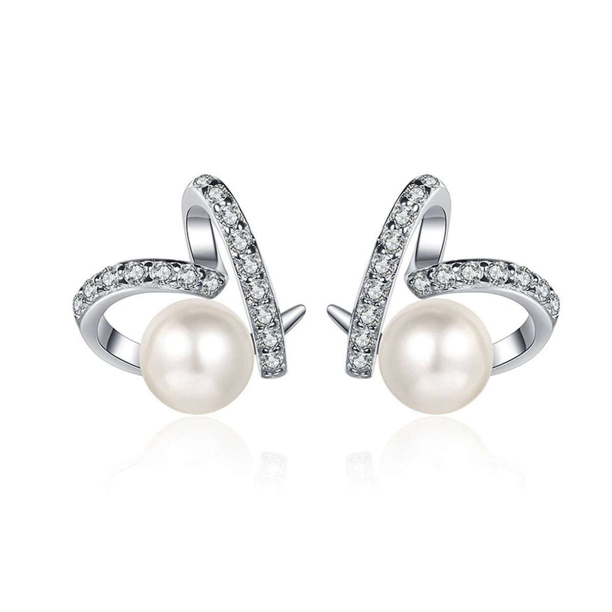 Heart Pearl Moissanite Stud Earrings in White Gold-Plated S925 sterling silver white background product photo showing the pair, stone shape, and stud earrings silhouette