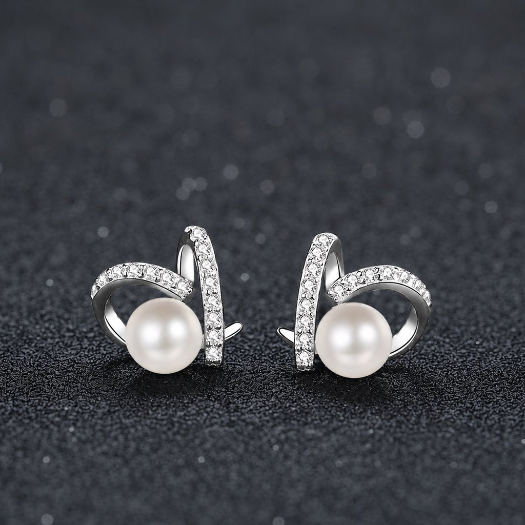 Heart Pearl Moissanite Stud Earrings in White Gold-Plated S925 sterling silver product scene view showing front sparkle