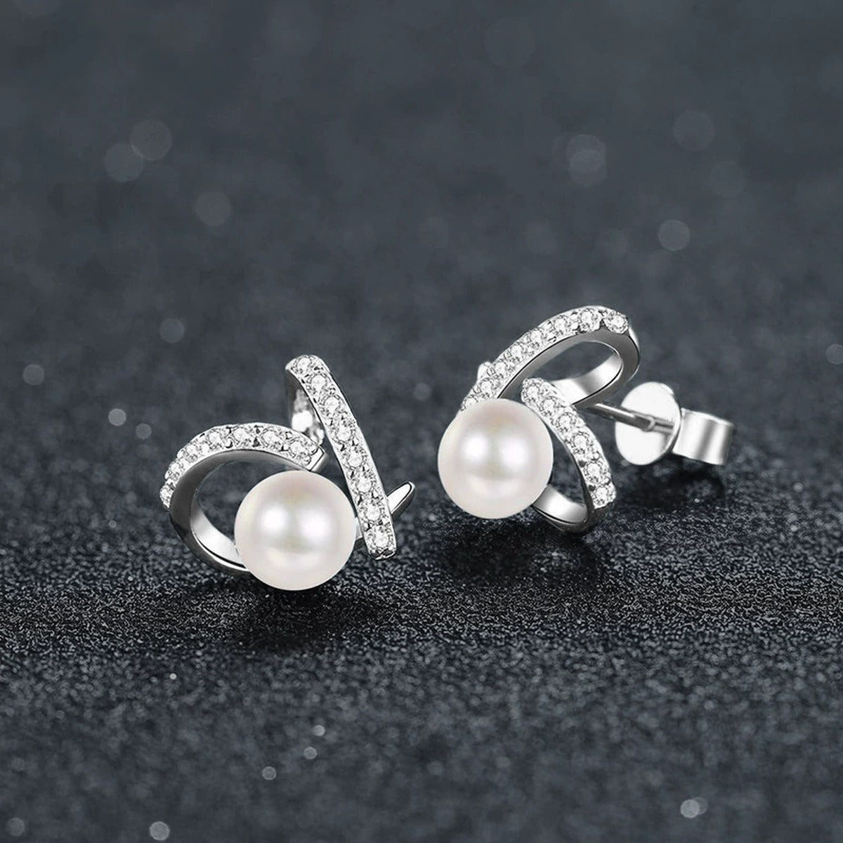 Heart Pearl Moissanite Stud Earrings in White Gold-Plated S925 sterling silver product scene view showing side profile