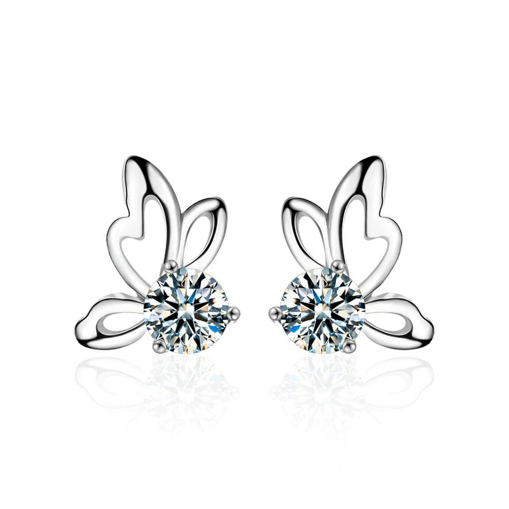 Butterfly Round Moissanite Stud Earrings in White Gold-Plated S925 sterling silver white background product photo showing the pair, stone shape, and stud earrings silhouette