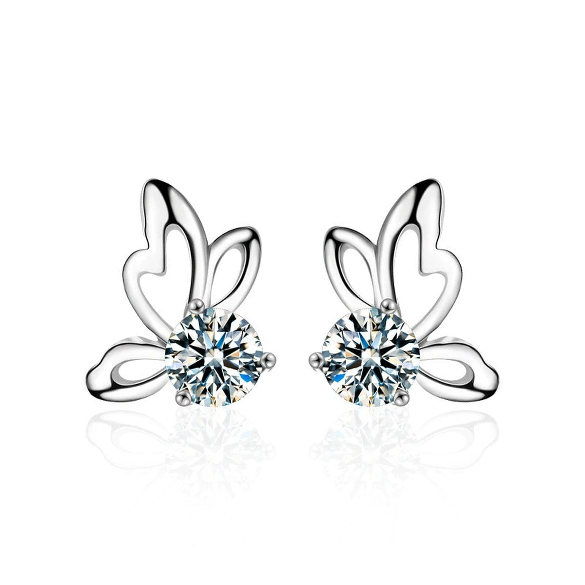 Butterfly Round Moissanite Stud Earrings in White Gold-Plated S925 sterling silver white background product photo showing the pair, stone shape, and stud earrings silhouette