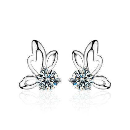Butterfly Round Moissanite Stud Earrings in White Gold-Plated S925 sterling silver white background product photo showing the pair, stone shape, and stud earrings silhouette