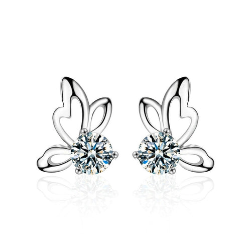 Butterfly Round Moissanite Stud Earrings in White Gold-Plated S925 sterling silver white background product photo showing the pair, stone shape, and stud earrings silhouette