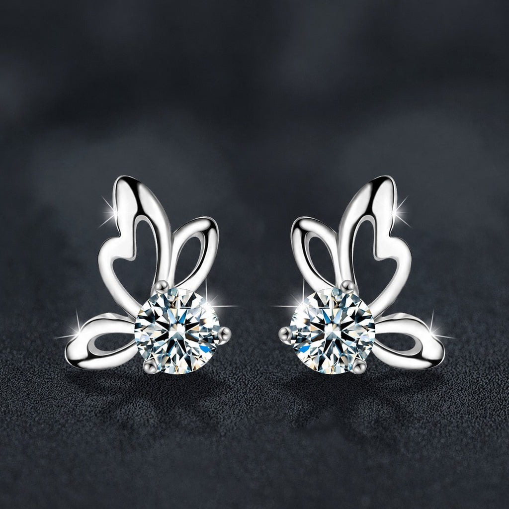 Butterfly Round Moissanite Stud Earrings in White Gold-Plated S925 sterling silver product scene view showing front sparkle