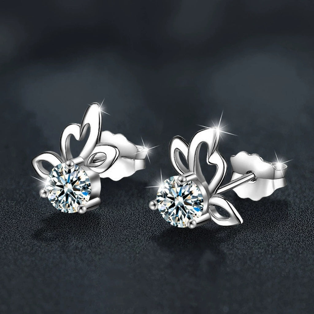 Butterfly Round Moissanite Stud Earrings in White Gold-Plated S925 sterling silver product scene view showing angled setting detail
