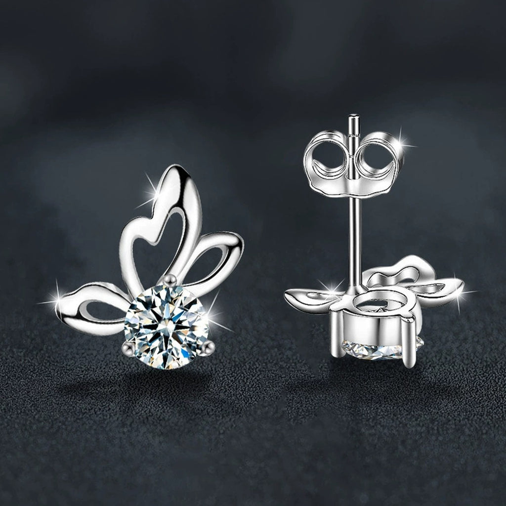 Butterfly Round Moissanite Stud Earrings in White Gold-Plated S925 sterling silver product scene view showing side profile