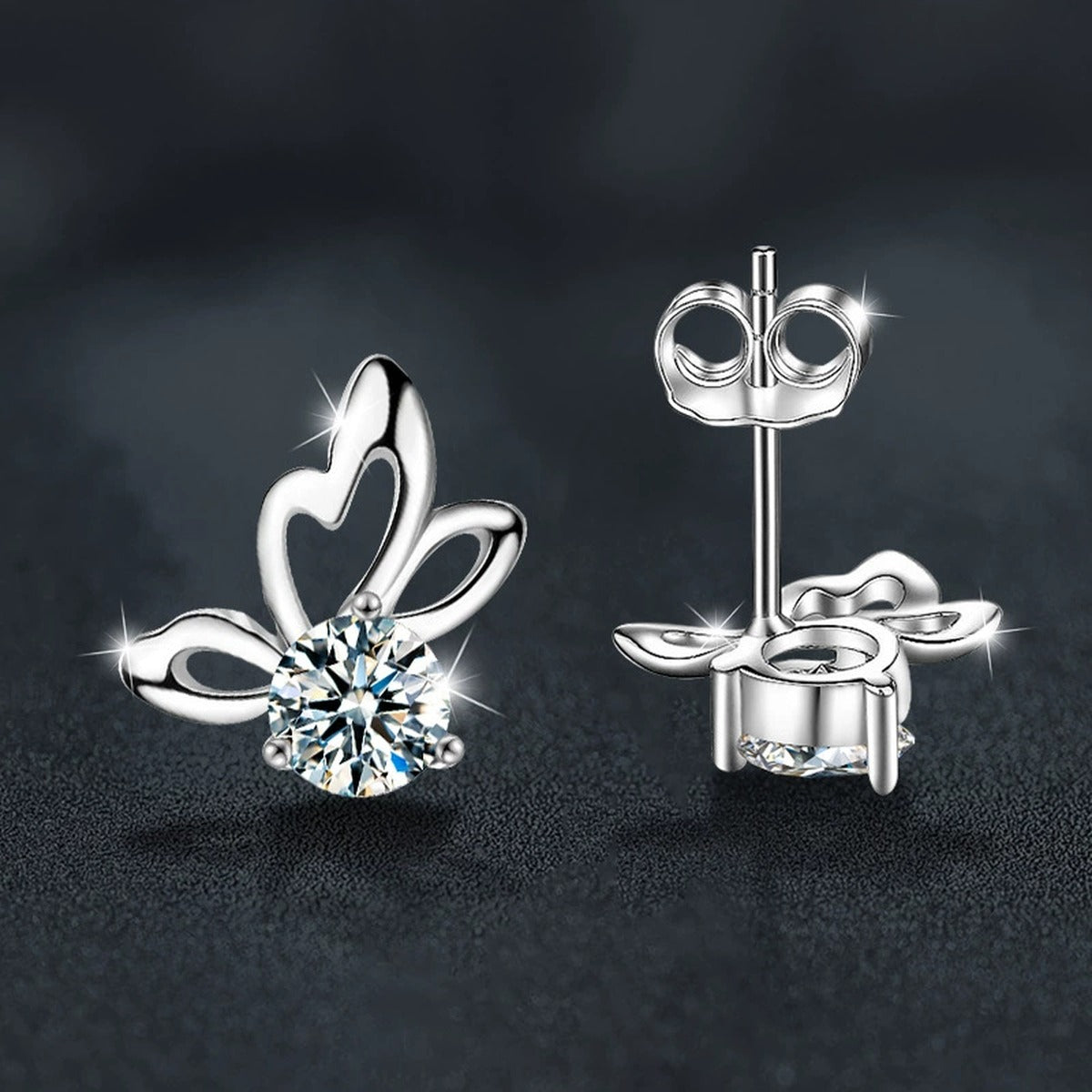 Butterfly Round Moissanite Stud Earrings in White Gold-Plated S925 sterling silver product scene view showing side profile