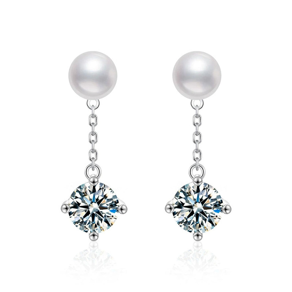 Pearl Round Moissanite Stud Dangle Earrings in White Gold-Plated S925 sterling silver white background product photo showing the pair, stone shape, and stud dangle earrings silhouette