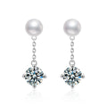 Pearl Round Moissanite Stud Dangle Earrings in White Gold-Plated S925 sterling silver white background product photo showing the pair, stone shape, and stud dangle earrings silhouette