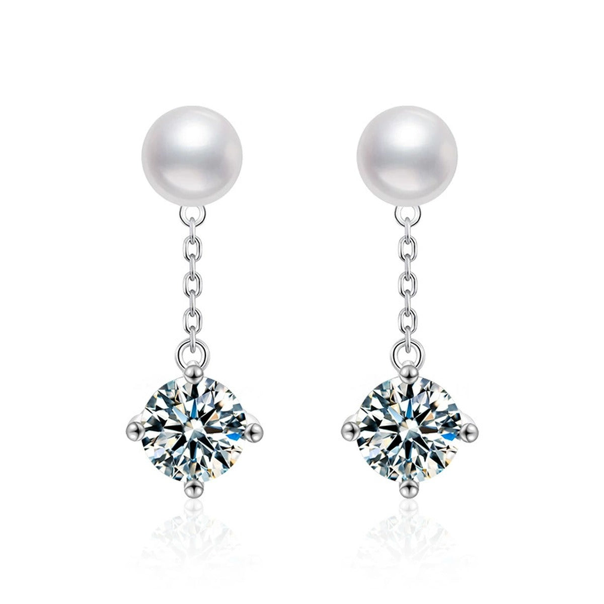 Pearl Round Moissanite Stud Dangle Earrings in White Gold-Plated S925 sterling silver white background product photo showing the pair, stone shape, and stud dangle earrings silhouette