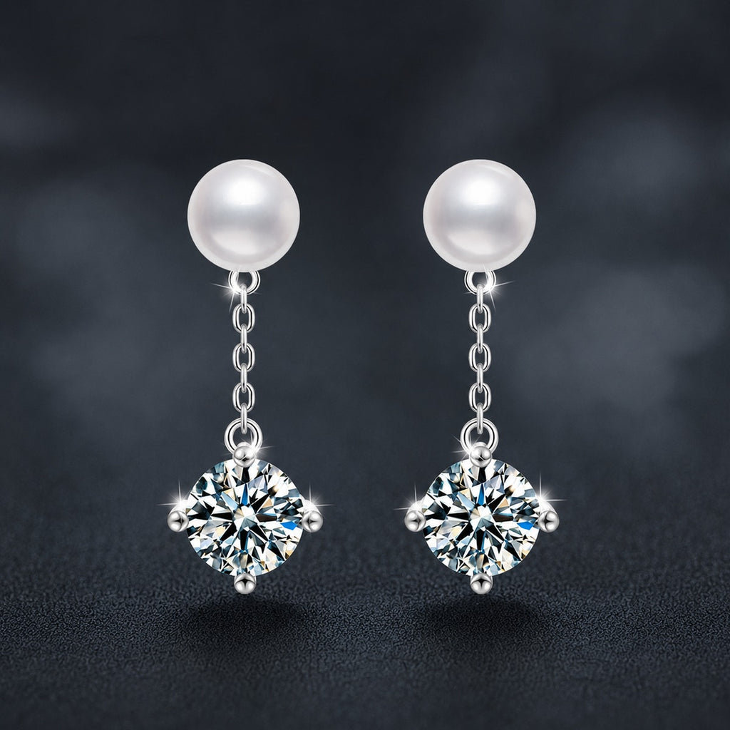 Pearl Round Moissanite Stud Dangle Earrings in White Gold-Plated S925 sterling silver product scene view showing front sparkle