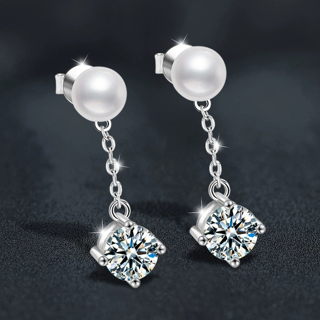 Pearl Round Moissanite Stud Dangle Earrings in White Gold-Plated S925 sterling silver product scene view showing angled setting detail