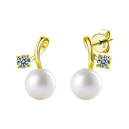 Pearl Round Moissanite Stud Drop Earrings in Gold-Plated S925 sterling silver white background product photo showing the pair, stone shape, and stud drop earrings silhouette