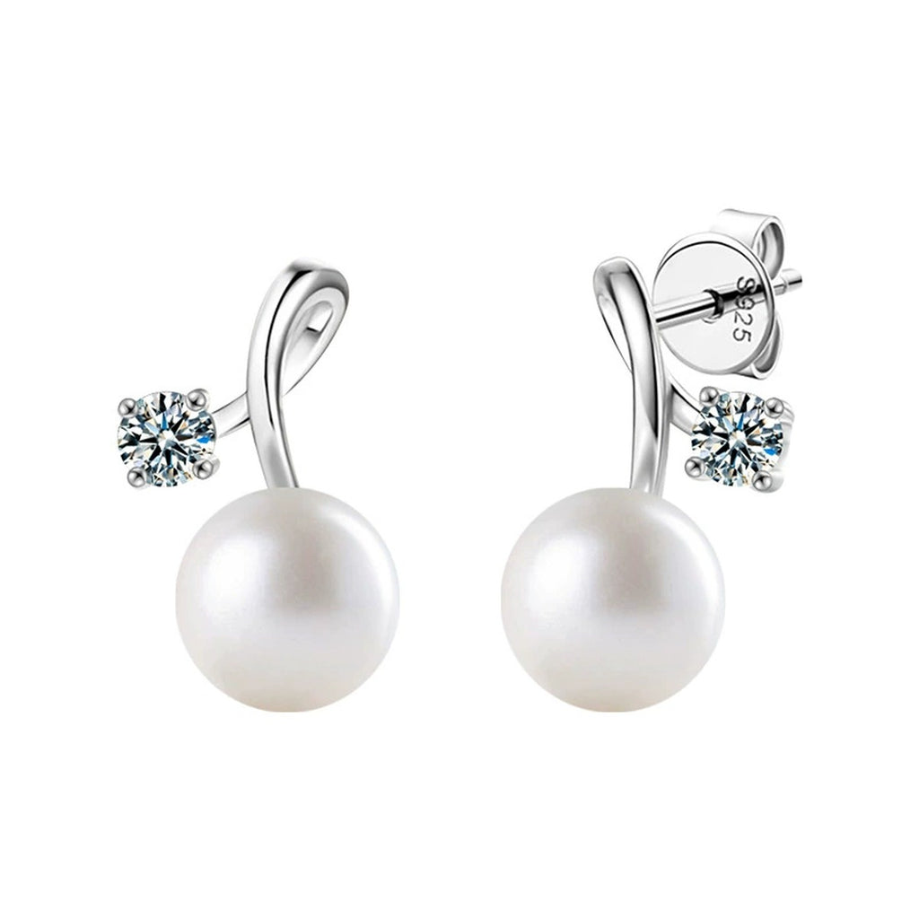 Pearl Round Moissanite Stud Drop Earrings in Gold-Plated S925 sterling silver product scene view showing front sparkle