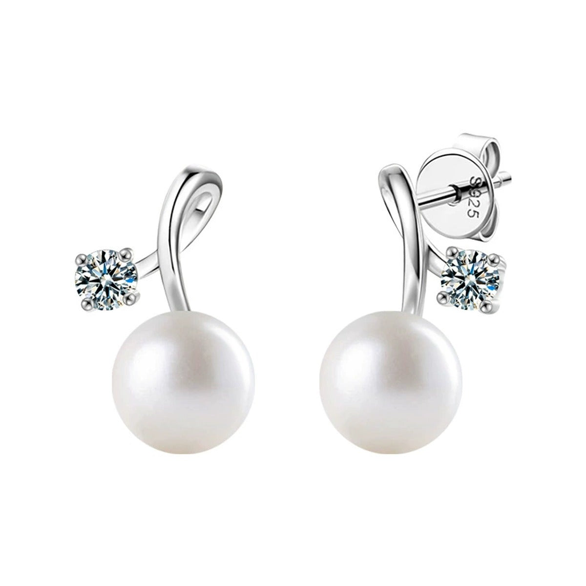 Pearl Round Moissanite Stud Drop Earrings in Gold-Plated S925 sterling silver product scene view showing front sparkle