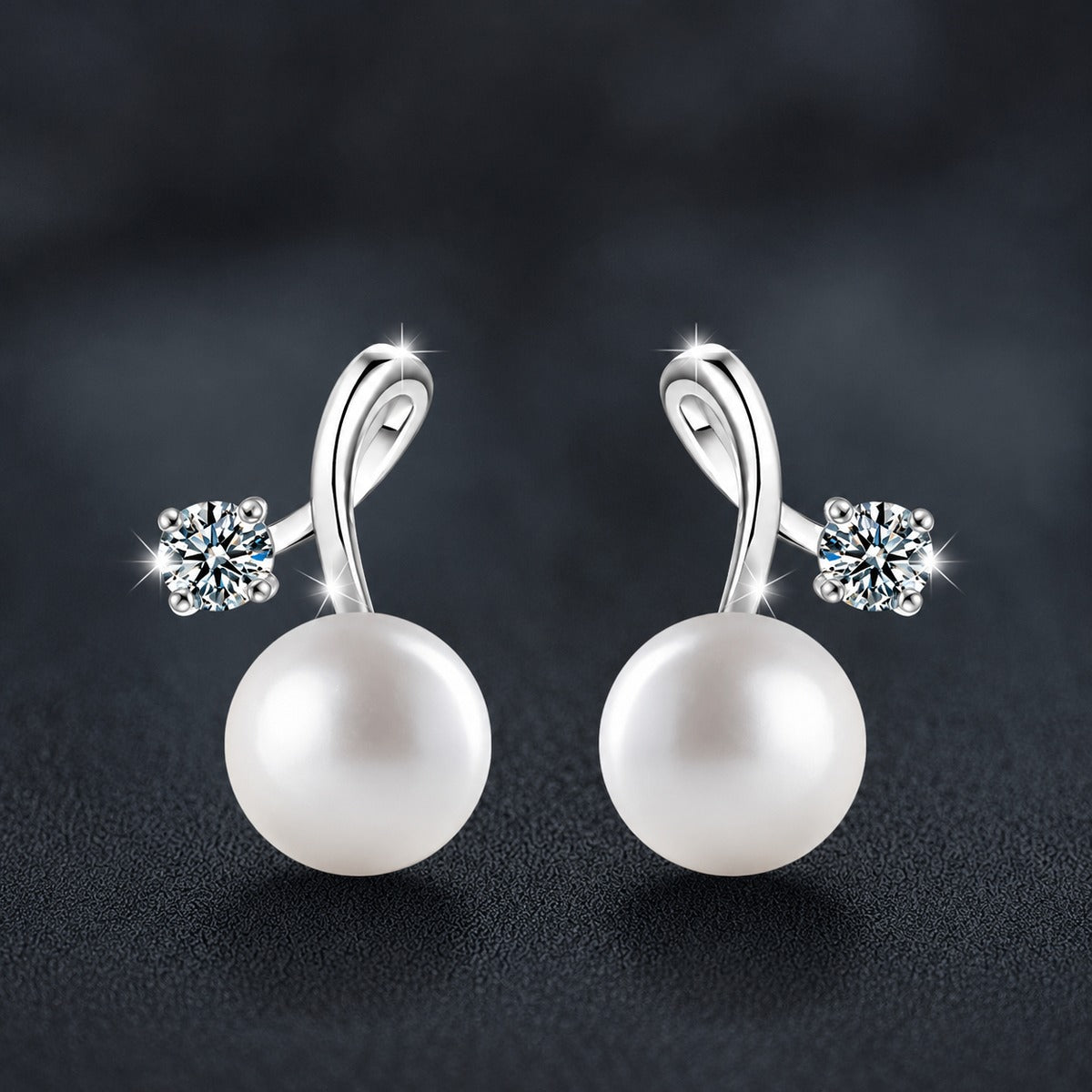 Pearl Round Moissanite Stud Drop Earrings in Gold-Plated S925 sterling silver product scene view showing angled setting detail