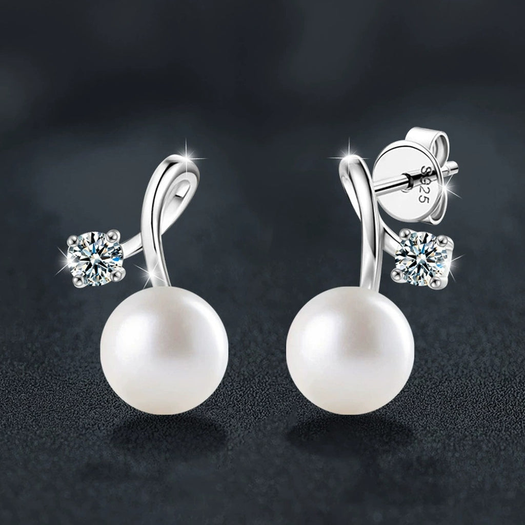 Pearl Round Moissanite Stud Drop Earrings in Gold-Plated S925 sterling silver product scene view showing side profile