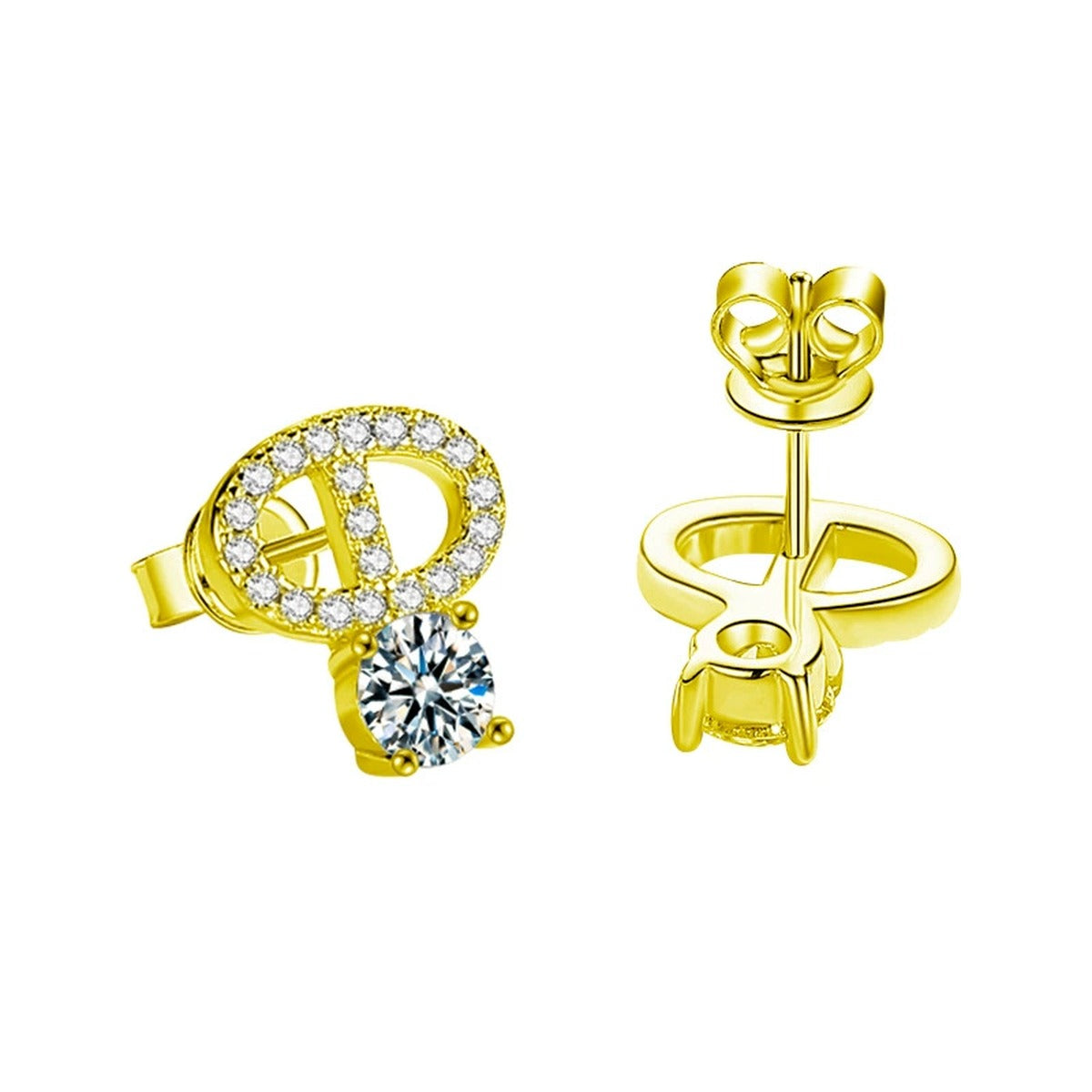Modern Loop Round Moissanite Stud Earrings with CZ in Gold-Plated S925 sterling silver white background product photo showing the pair, stone shape, and stud earrings silhouette