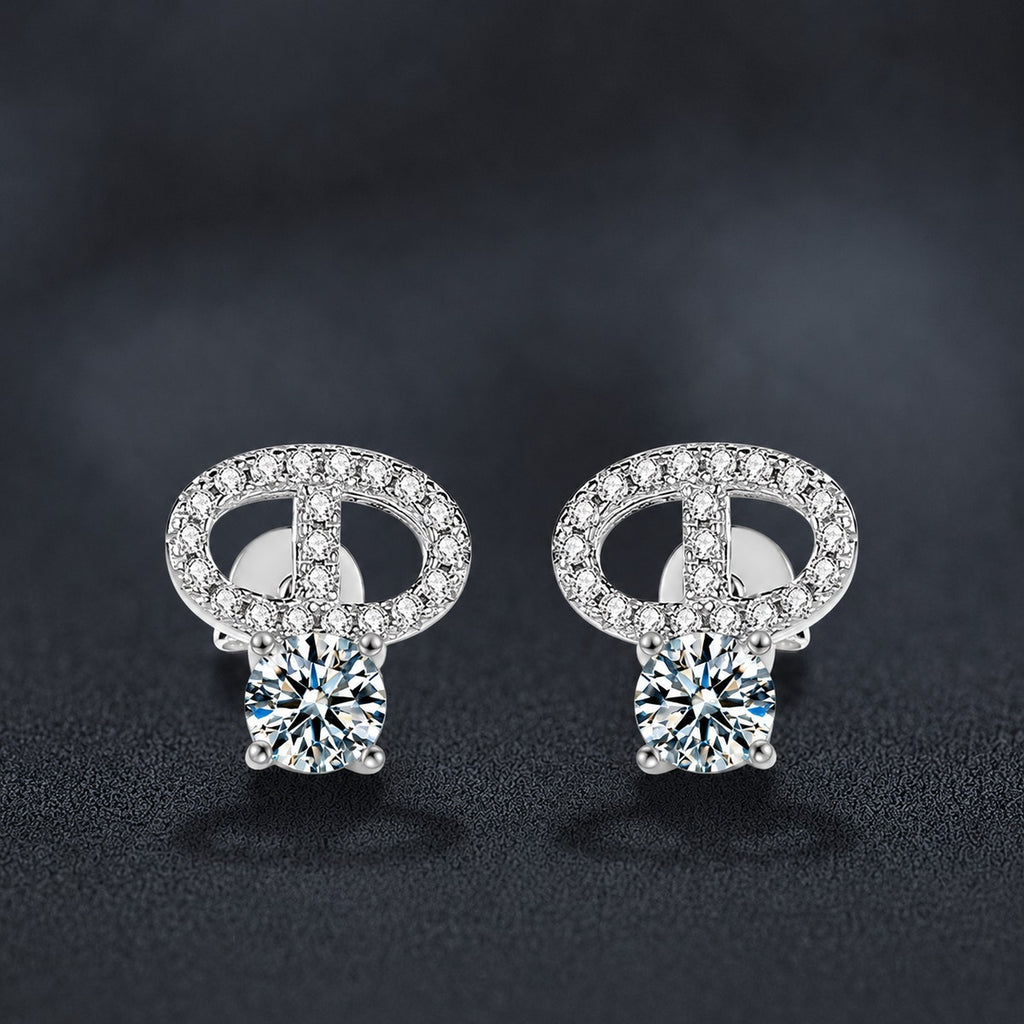 Modern Loop Round Moissanite Stud Earrings with CZ in Gold-Plated S925 sterling silver product scene view showing angled setting detail