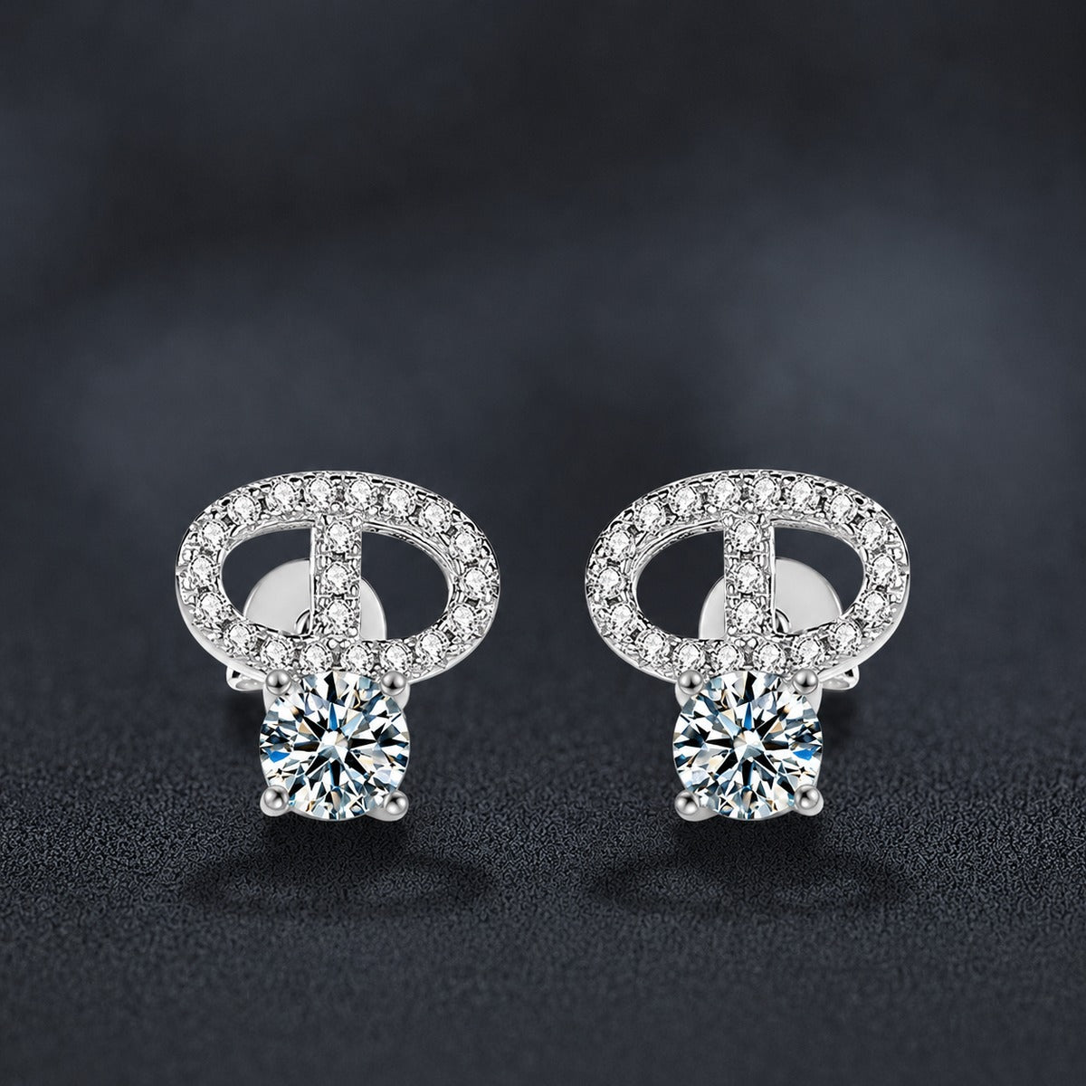 Modern Loop Round Moissanite Stud Earrings with CZ in Gold-Plated S925 sterling silver product scene view showing angled setting detail