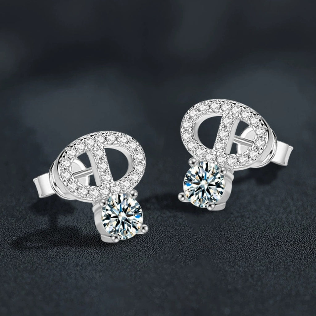 Modern Loop Round Moissanite Stud Earrings with CZ in Gold-Plated S925 sterling silver product scene view showing side profile