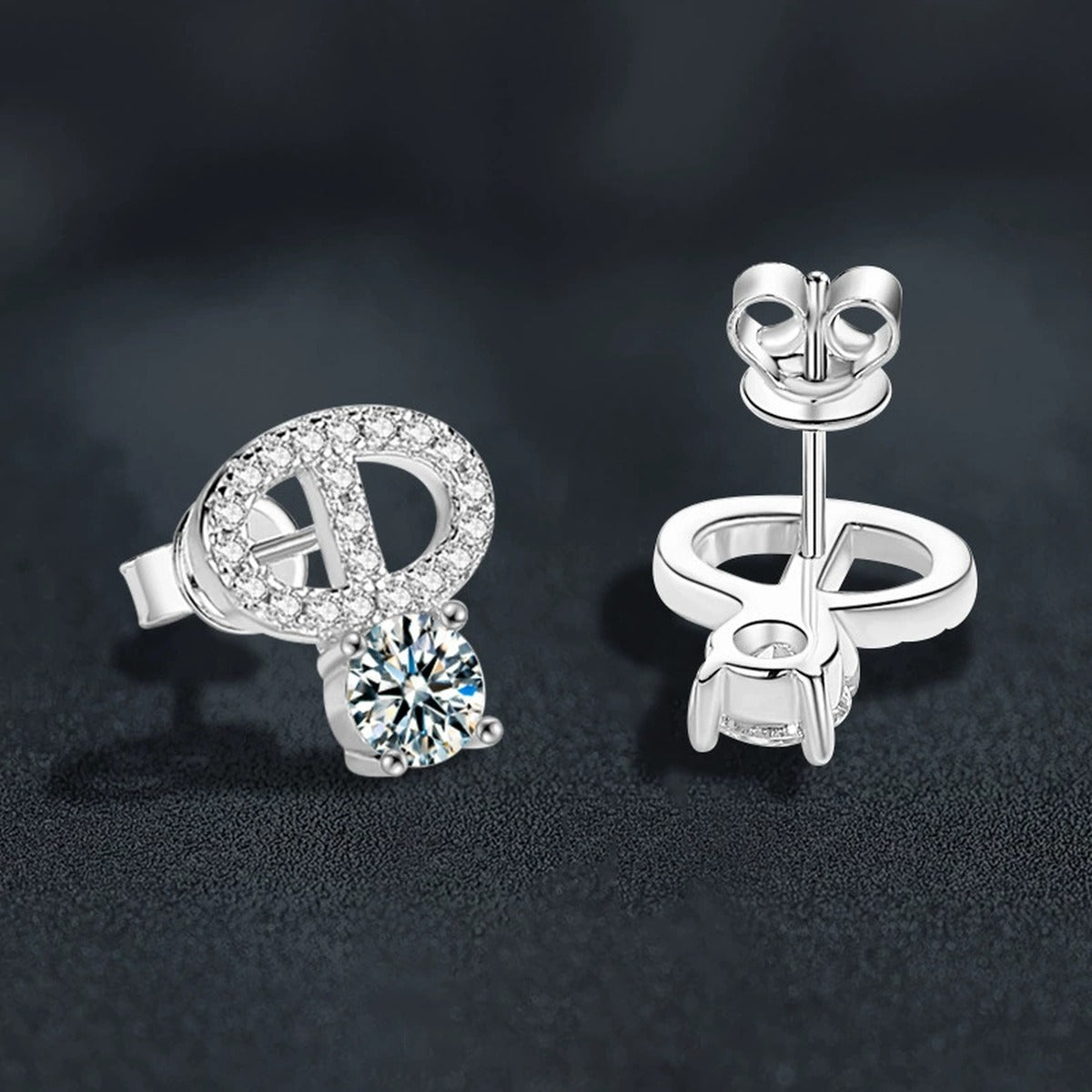 Modern Loop Round Moissanite Stud Earrings with CZ in Gold-Plated S925 sterling silver product scene view showing pair comparison