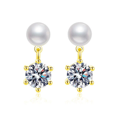Pearl Round Moissanite Stud Dangle Earrings in Gold-Plated S925 sterling silver white background product photo showing the pair, stone shape, and stud dangle earrings silhouette
