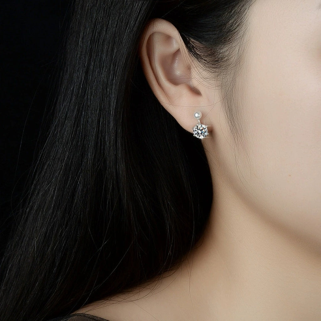 Pearl Round Moissanite Stud Dangle Earrings in Gold-Plated S925 sterling silver worn on ear by model showing scale, placement, and stud dangle earrings styling