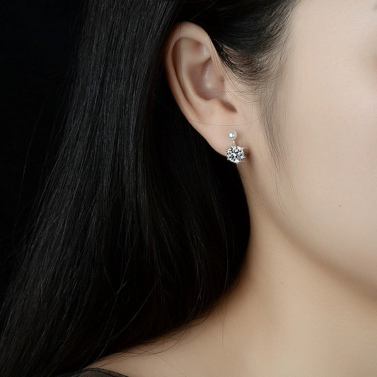 Pearl Round Moissanite Stud Dangle Earrings in Gold-Plated S925 sterling silver worn on ear by model showing scale, placement, and stud dangle earrings styling