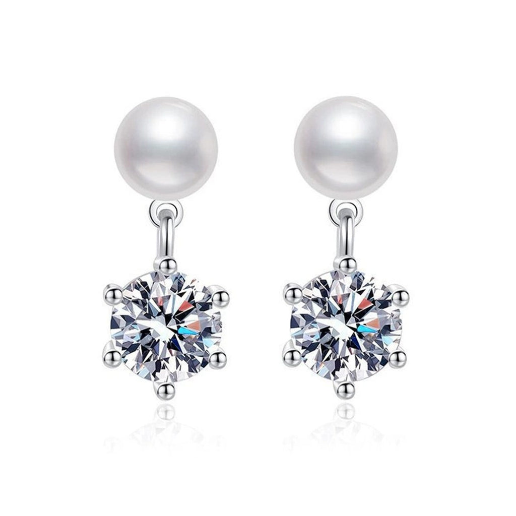 Pearl Round Moissanite Stud Dangle Earrings in Gold-Plated S925 sterling silver product scene view showing front sparkle