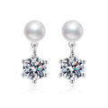 Pearl Round Moissanite Stud Dangle Earrings in Gold-Plated S925 sterling silver product scene view showing front sparkle