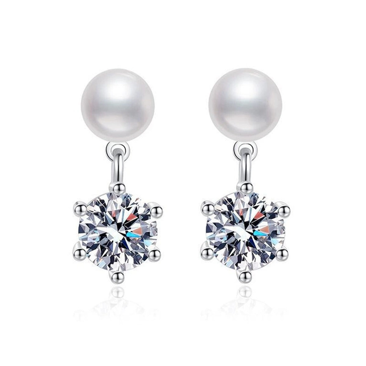 Pearl Round Moissanite Stud Dangle Earrings in Gold-Plated S925 sterling silver product scene view showing front sparkle