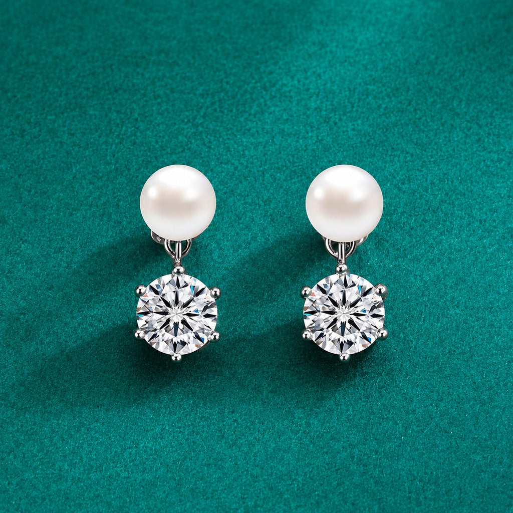 Pearl Round Moissanite Stud Dangle Earrings in Gold-Plated S925 sterling silver product scene view showing angled setting detail