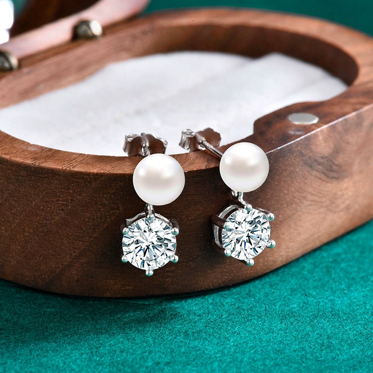 Pearl Round Moissanite Stud Dangle Earrings in Gold-Plated S925 sterling silver product scene view showing side profile